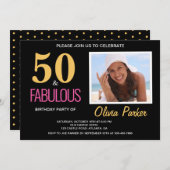 金ゴールドエレガントピンク50th誕生日パーティーへの招待 招待状 (正面/裏面)