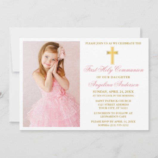 金ゴールドエレガントピンクFirst Communion写真 招待状 (正面)