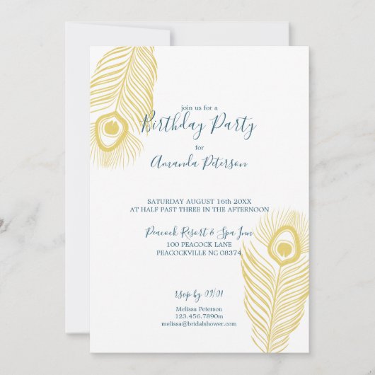 金ゴールドエレガントピーコックバースデーパーティ招待状 招待状 (正面)