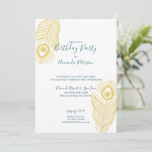 金ゴールドエレガントピーコックバースデーパーティ招待状 招待状 (スタンド正面)