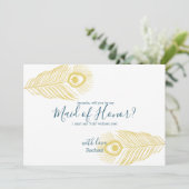 金ゴールドエレガントピーコックビーマイメイド・オブ・オーナー（花嫁付き添い人）カード 招待状 (スタンド正面)