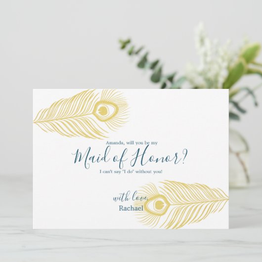 金ゴールドエレガントピーコックビーマイメイド・オブ・オーナー（花嫁付き添い人）カード 招待状 (スタンド正面)