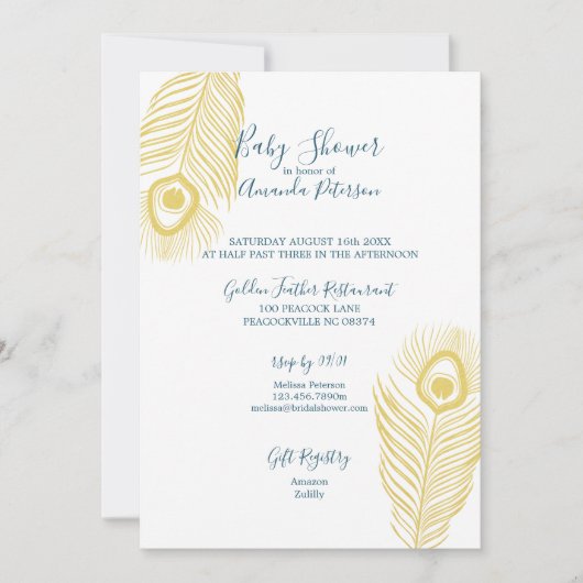 金ゴールドエレガントピーコックベビーシャワー招待状 招待状 (正面)