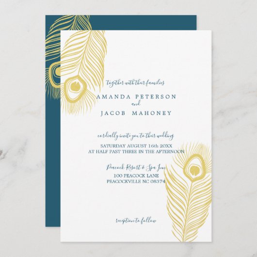 金ゴールドエレガントピーコック結婚式招待状 招待状 (正面/裏面)