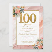 金ゴールドエレガントピーチピンクフローラ100誕生日 招待状 (正面)
