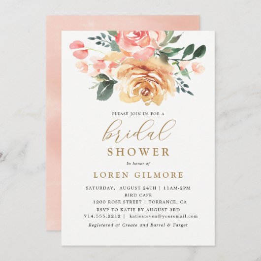 金ゴールドエレガントピーチフローラブライダルシャワー 招待状 (正面/裏面)