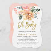 金ゴールドエレガントピーチフローラベビーシャワー 招待状 (正面/裏面)