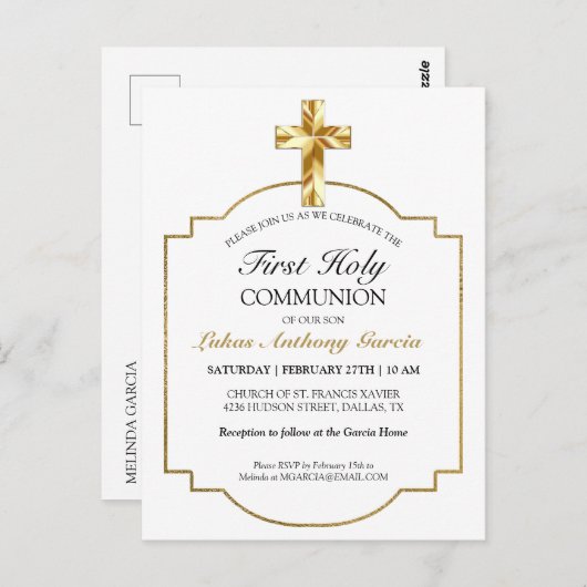 金ゴールドエレガントファースト聖餐式招待状 ポストカード (正面/裏面)