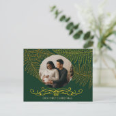 金ゴールドエレガントファーンフレームグリーン私たちの初めてのクリスマス ポストカード (スタンド正面)