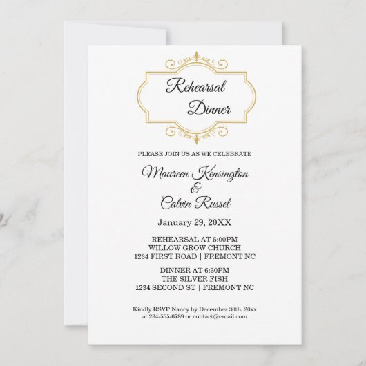 金ゴールドエレガントフィリグリーをホワイトリハーサルディナー 招待状 (正面)