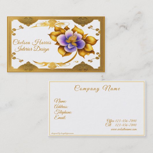 金ゴールドエレガントフィリグリー美しい紫色の花 名刺 (正面/裏面)