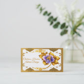 金ゴールドエレガントフィリグリー美しい紫色の花 名刺 (スタンド正面)