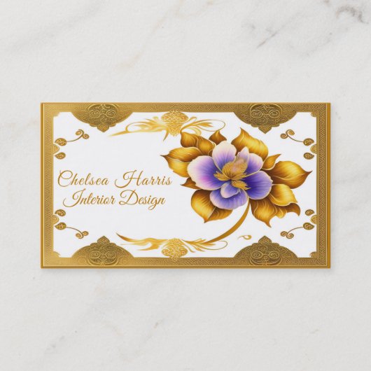 金ゴールドエレガントフィリグリー美しい紫色の花 名刺 (正面)