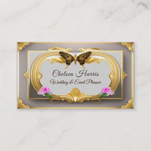 金ゴールドエレガントフィリグリー美しい蝶とバラ 名刺 (正面)