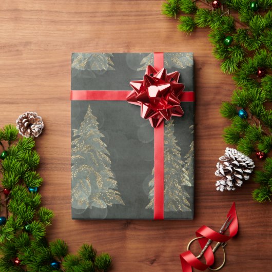 金ゴールドエレガントフェアライトパインツリーズクリスマス ラッピングペーパー (クリスマスギフト)