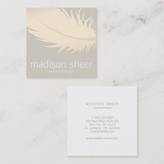 金ゴールドエレガントフェザーベージュタウペ美しいサロン スクエア名刺 (正面/裏面)