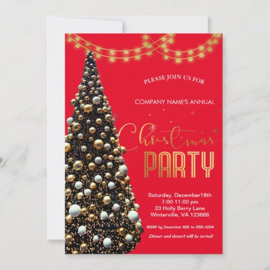 金ゴールドエレガントフェスティバルクリスマスツリー、赤 招待状 (正面)