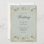 金ゴールドエレガントフォイラージュ水の色Sageグリーンスクリプト 招待状 (正面)