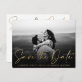 金ゴールドエレガントフォイル写真式の結婚式は日付を節約する 案内ポストカード (正面/裏面)