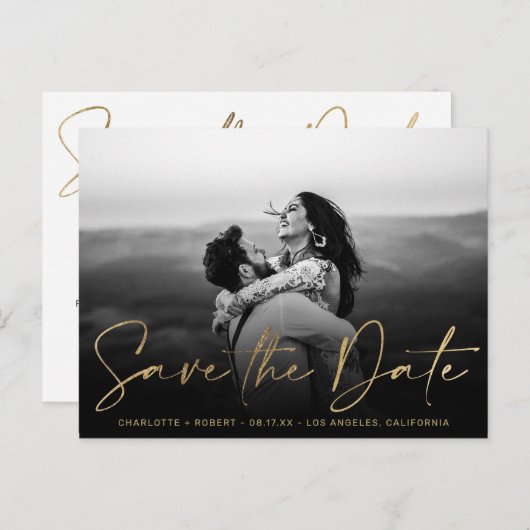 金ゴールドエレガントフォイル写真式の結婚式は日付を節約する 案内ポストカード (正面/裏面)