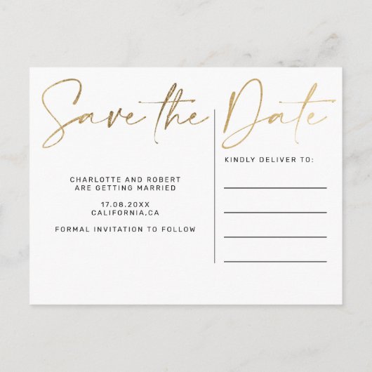 金ゴールドエレガントフォイル写真式の結婚式は日付を節約する 案内ポストカード (裏面)
