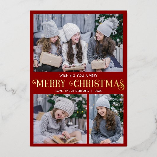 金ゴールドエレガントフォイル赤メリークリスマス3の写真 箔シーズンカード (正面)