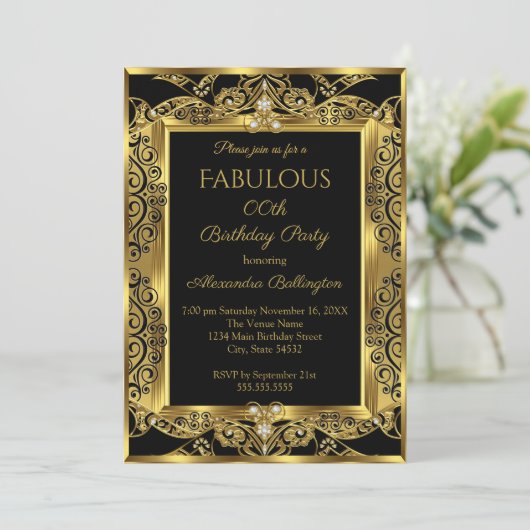 金ゴールドエレガントフォトバースデーパーティー黒ダマスク 招待状 (スタンド正面)