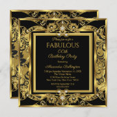 金ゴールドエレガントフォト誕生日パーティブラックフローラ 招待状 (正面/裏面)