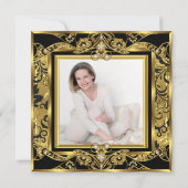 金ゴールドエレガントフォト誕生日パーティブラックフローラ 招待状 (裏面)