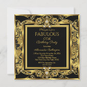 金ゴールドエレガントフォト誕生日パーティブラックフローラ 招待状 (正面)