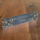 金ゴールドエレガントフラワーブルーボタニカル デスクネームプレート (側面)