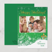 金ゴールドエレガントフルーアグリーンホリデーカスタムフォトカード シーズンカード (正面/裏面)