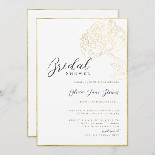 金ゴールドエレガントフレームピーニースケッチボホブライダルシャワー 招待状 (正面/裏面)