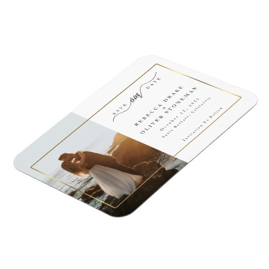 金ゴールドエレガントフレーム写真結婚式の日付の保存 マグネット (左側)