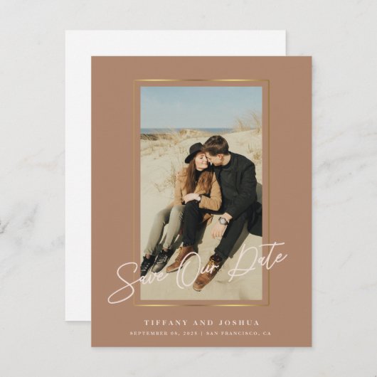 金ゴールドエレガントフレーム写真結婚式の日付の保存 案内ポストカード (正面/裏面)