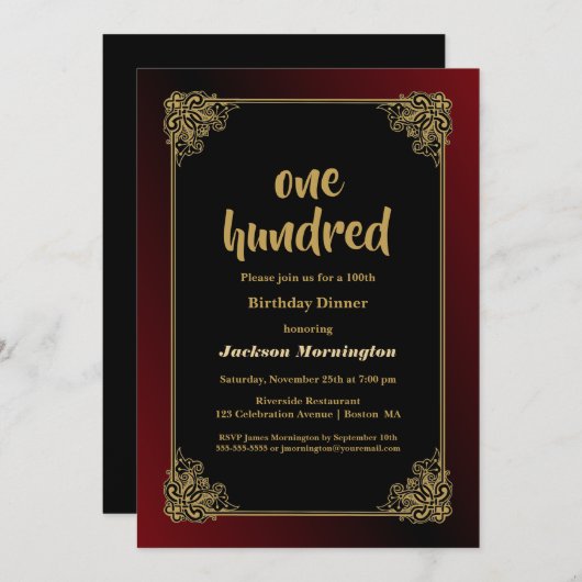 金ゴールドエレガントフレーム100番目の誕生日ディナー 招待状 (正面/裏面)