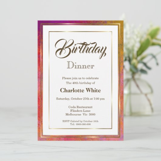 金ゴールドエレガントフレーム40th誕生日ディナー招待状 招待状 (スタンド正面)