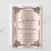 金ゴールドエレガントフレーム、バラ金ゴールド50th誕生日パーティー 招待状 (正面)