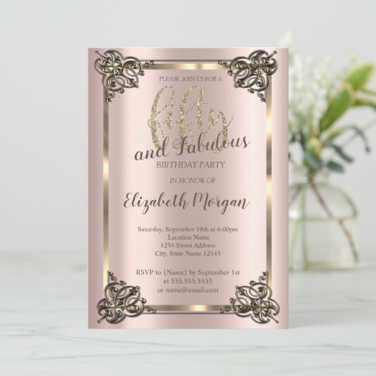 金ゴールドエレガントフレーム、バラ金ゴールド50th誕生日パーティー 招待状 (スタンド正面)