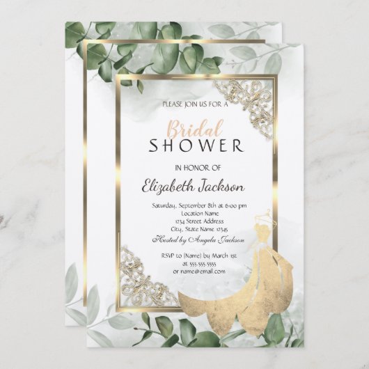 金ゴールドエレガントフレーム、ユーカリブライダルシャワー 招待状 (正面/裏面)