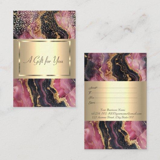 金ゴールドエレガントフレーム、紙吹雪、ブルゴーニュ大理石 割引カード (正面/裏面)
