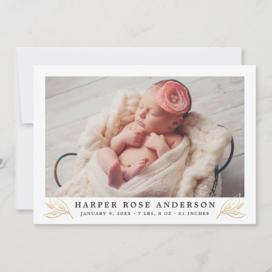 金ゴールドエレガントフローラグリーンリーベビーガールフォト誕生 案内状 (正面)
