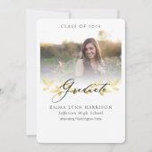 金ゴールドエレガントフローラスクリプトフォト卒業 招待状 (正面)