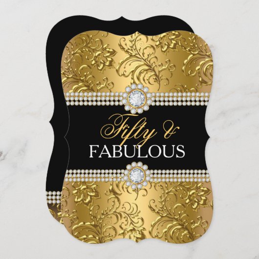 金ゴールドエレガントフローラスワール50と素晴らしいパーティー 招待状 (正面/裏面)