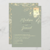 金ゴールドエレガントフローラセージ結婚グリーン 招待状 (正面/裏面)