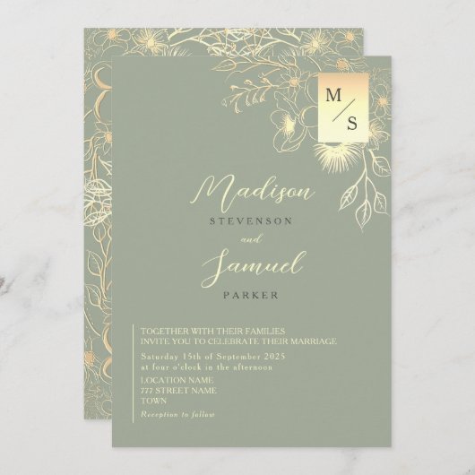 金ゴールドエレガントフローラセージ結婚グリーン 招待状 (正面/裏面)