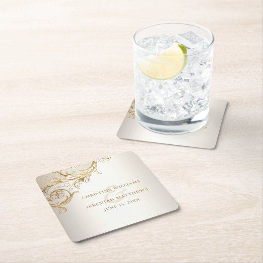 金ゴールドエレガントフローラダマスクシャイニーシャンパン結婚ズ スクエアペーパーコースター (インサイチュ)