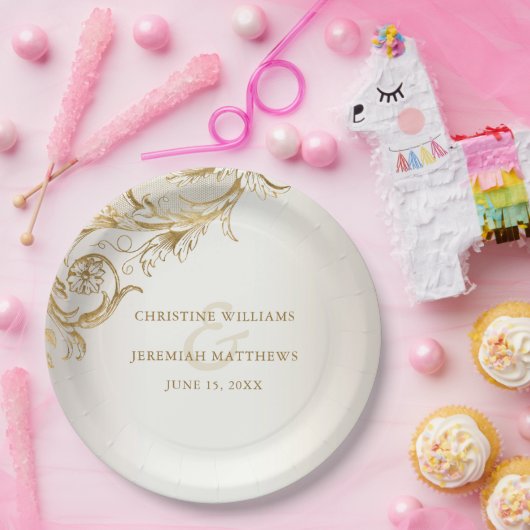 金ゴールドエレガントフローラダマスクシャイニーシャンパン結婚ズ ペーパープレート (パーティー)