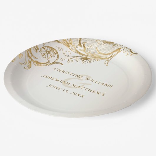 金ゴールドエレガントフローラダマスクシャイニーシャンパン結婚ズ ペーパープレート (アングル)