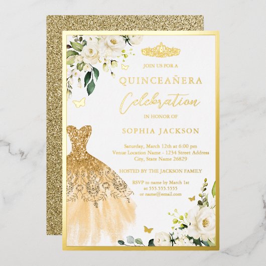 金ゴールドエレガントフローラティアラドレスキンセアニェラ 箔招待状 (正面/裏面)